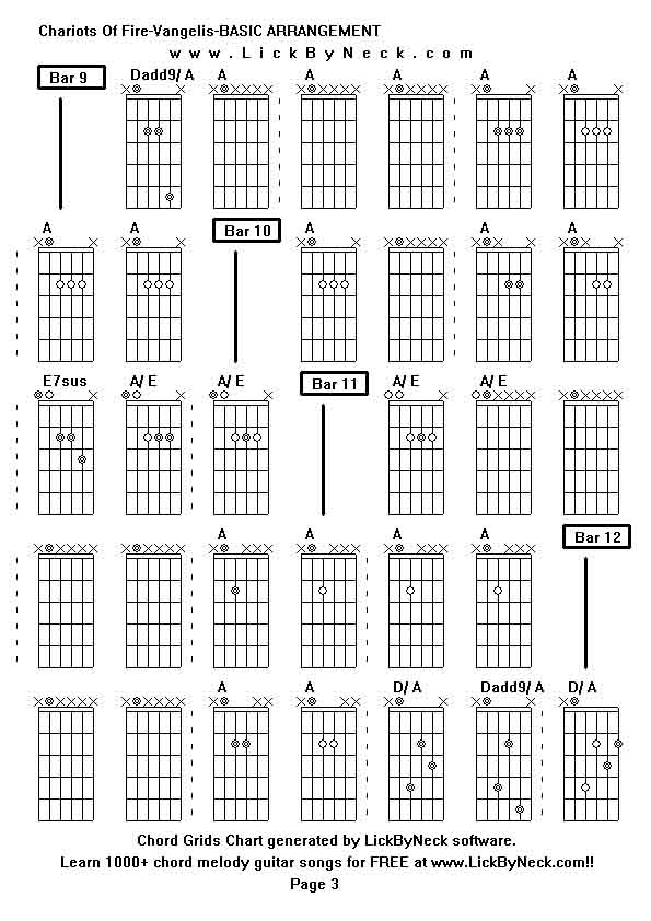 Chord Grids Chart of chord melody fingerstyle guitar song-Chariots Of Fire-Vangelis-BASIC ARRANGEMENT,generated by LickByNeck software.